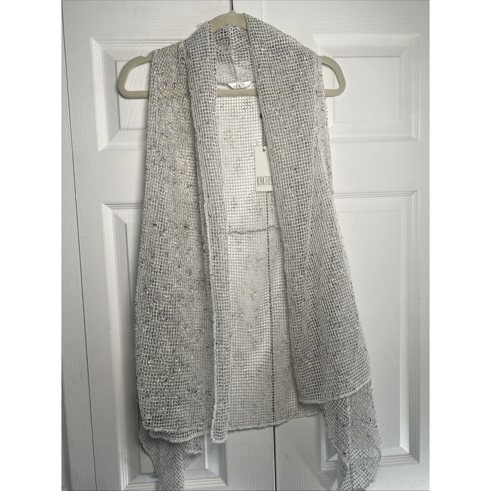 Kaktus Open Front Mesh Knit Vest Womens Size S Gray White Fisherman Boho Minimal